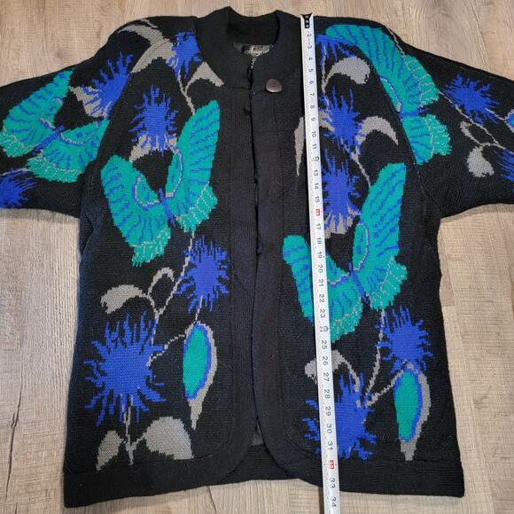 Angenie Vintage 80s Butterfly Print Fuzzy Grandpa Cardigan Sweater Puff Sleeve - Picture 4 of 5